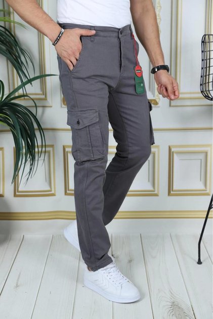 Men's Gray Lycra Cargo Pants Flexible Gabardine/Canvas Gusseted Pocket Commando Cargo Pocket Stylish Trousers