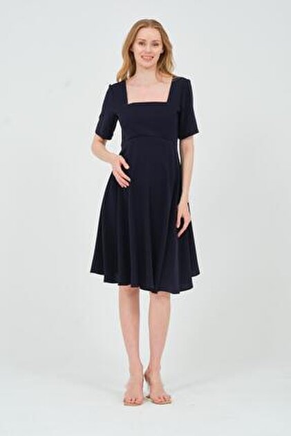 BUSA Green Midi Maternity Evening Dress - Short Sleeve and Square Collar-  Trendyol