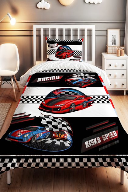 Checkered Red Racer Patterned Single Baby Kids Bedding Set
