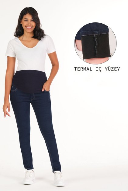 Maternity Stretchy Waistband Skinny Leg Thermal Jeans Pant Dark Blue