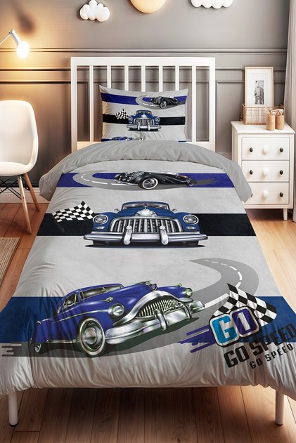 Striped Navy Blue Car Patterned Single Baby Kids Bedding Set