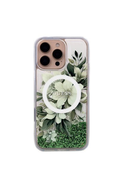 iPhone 16 Pro Max Compatible Case Guess Licensed Magsafe Feature Liquid Glitter Flower Pattern Green