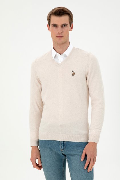 Erkek Slim Fit V Yaka Krem Melanj Basic Kazak 50288885-VR159