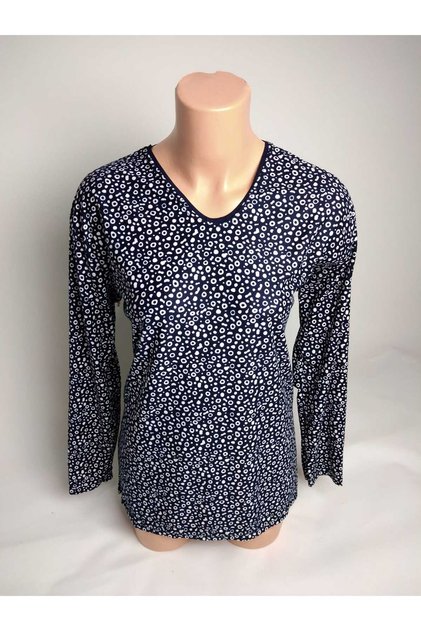 Women's Navy Blue Print V-Neck Long Sleeve Seasonal Suede Mother Combed Cotton T-Shirt Blouse with Slits on the Sides