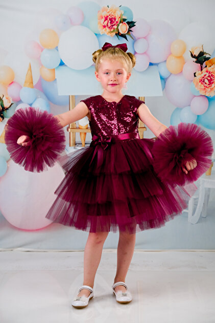 Girl's Pompom Sleeves Buckle Evening Dress Birthday Dress