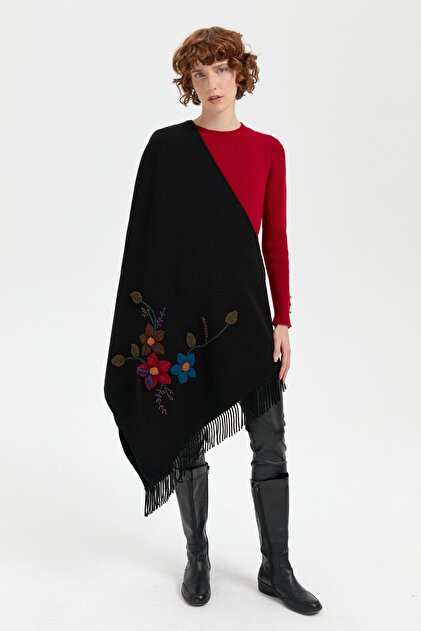 Women's Knitted Floral Embroidered Tassel Shawl Black