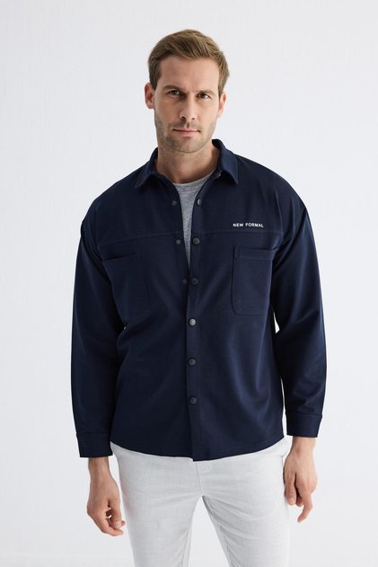 Snap Detailed Slim Fit Sweatshirt Men's Navy Blue Outer Shirt