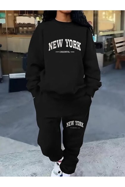 Women's Crew Neck/Hooded New York Printed Top and Bottom Tracksuit Set Oversize Unisex Boyfirend