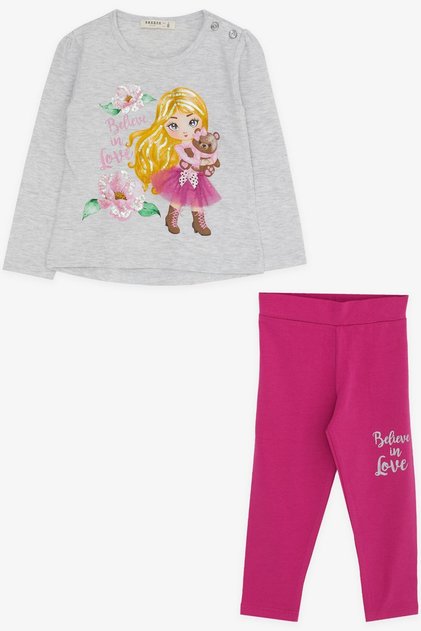 Girl's Tights Set with Printed Sequins, Age 1.5-5, Light Gray Melange