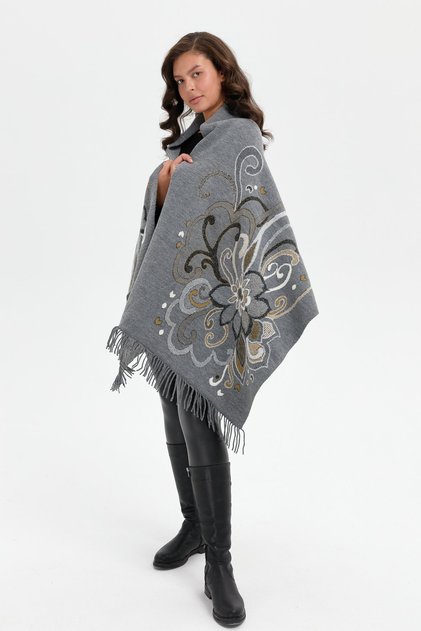 Women's Mixed Large Floral Patterned Oversized Shawl Smoked