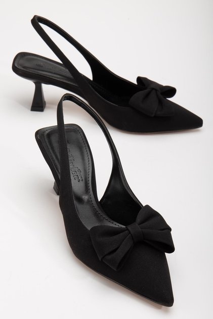 Large Size Bow Satin Black Women's Heeled Shoes
