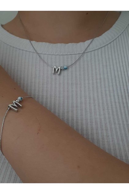 M Letter Evil Eye Bead Detailed Non-Tarnish Coated Necklace & Bracelet Set
