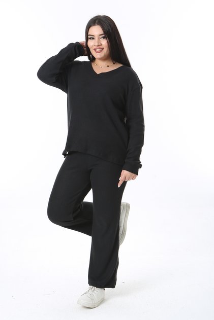 Women's Plus Size Black Camisole Fabric V-Neck Blouse Pants Double Set 65N38379