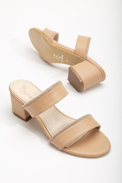 Two-Striped Stoned Skin Nude Women's Short Heeled Slippers