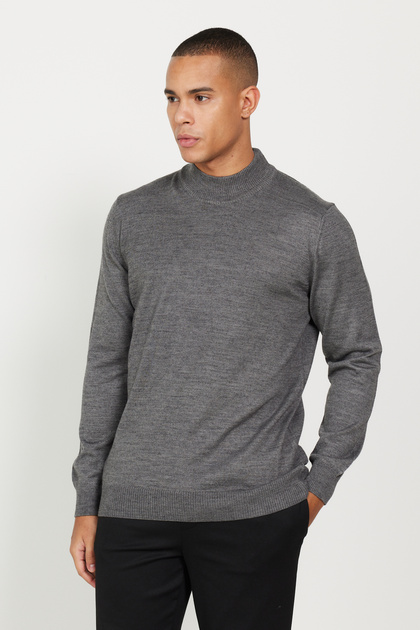 Men's Gray Melange Wool Standard Fit Regular Cut Half Turtleneck Knitwear Sweater