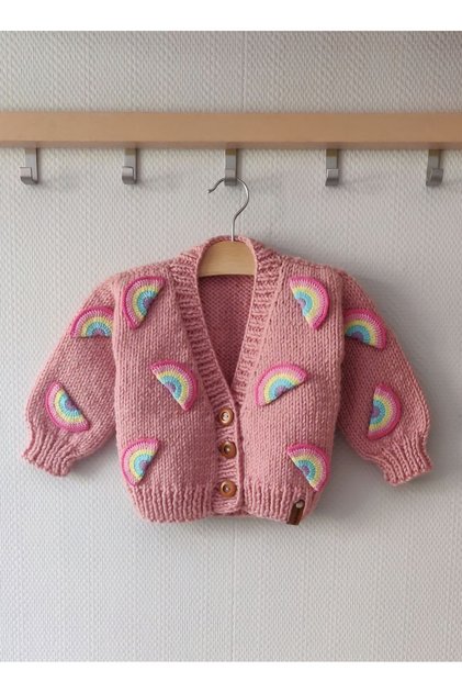 Hand Knitted Rainbow Detailed Girl's Cardigan, Baby Girl Cardigan