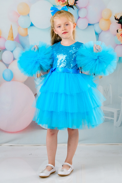 Girl's Blue Buckle Pompom Sleeves Evening Dress Party Birthday Dress