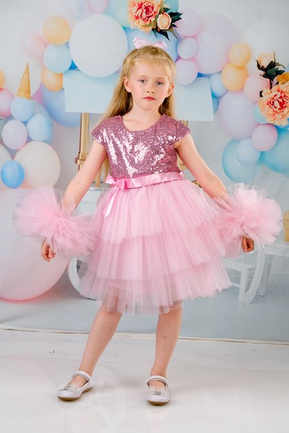 Girls Pink Buckle Pompom Sleeves Evening Dress Party Birthday Dress
