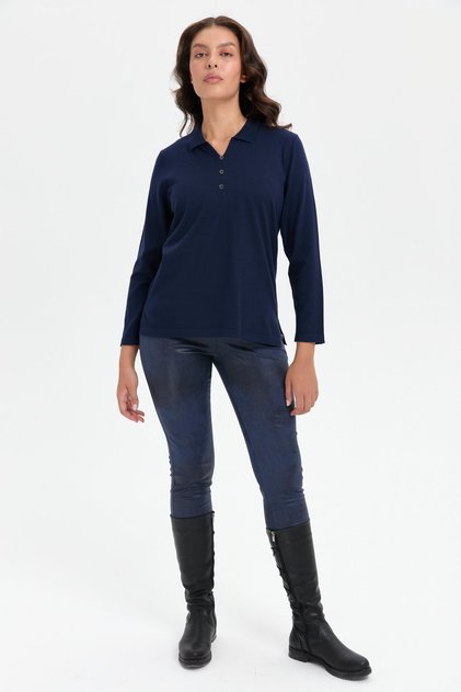 Women's Polo Collar Sweater with Side Slits, Dark Blue