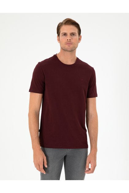 Burgundy 100% Cotton Slim Fit Crew Neck Basic T-Shirt 50306359-Vr014