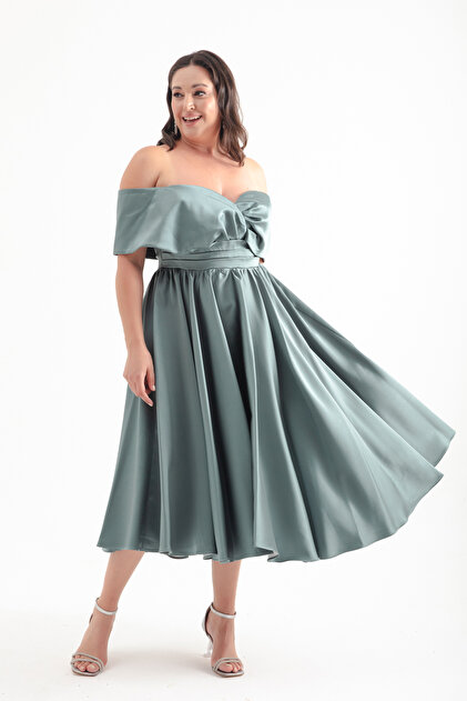 Lafaba Turquoise Boat Neck Midi Satin Plus Size Evening Dress- Trendyol Lafaba Turquoise Boat Neck Midi Satin Plus Size Evening Dress- Trendyol