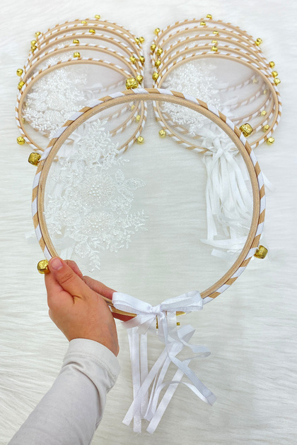 Vip Appliqued Bridal Tambourine White, Bridesmaid Wedding Henna Night Circumcision Bachelorette Bride with Bell 25cm 1 Piece
