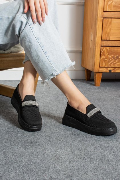 Trula Women's Moccasin Shoes Knitwear Woven Band Stoned Ballerinas Black