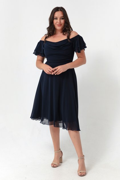 Women's Navy Blue Slim Fit Strappy Flared Midi Plus Size Evening Dress