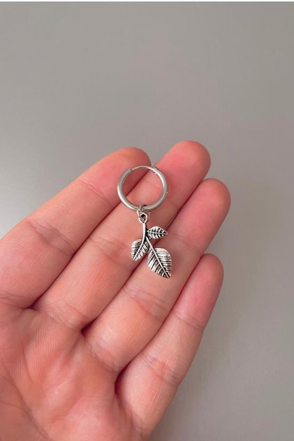 Unisex Silver Leaf Figured Dangle Steel Hoop Earrings