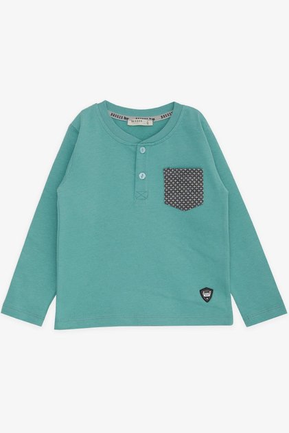 Baby Boy Long Sleeve T-Shirt with Pockets Buttons Embroidered 9 Months-3 Years, Mint Green