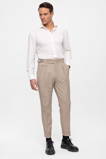 Beige High Waist (Boyfriend) Pleated Fabric Trousers with Buckle Belt