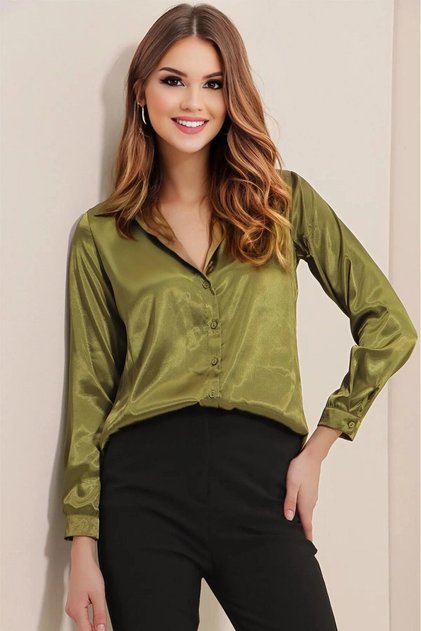 Women's Oil Green Satin Surface Hijab Shirt Hzl25W-Bd 139641