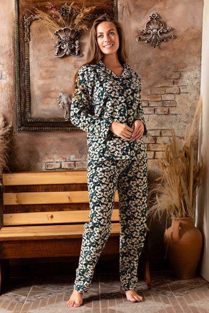 Kadın Önden Düğmeli Uzun Kollu Polar Peluş Kışlık Sıcak Tutan Pijama Takımı