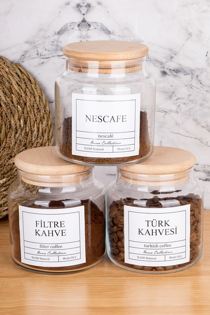 3-Piece 500ml Glass Jar with Wooden Lid and Nescafe & Turkish Coffee & Filter Coffee Label Storage Container