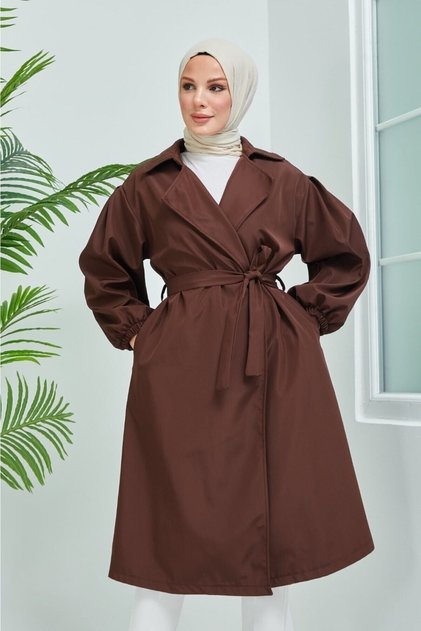 Belted Brown Balloon Sleeve Trench