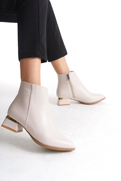 Short Heeled Zippered Simple Classic Women's Cream Boots Bootie