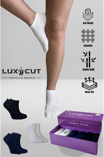 Exclusive Bamboo Women's Booties Socks 6 Pairs (Black-White-Dark Blue) Seamless