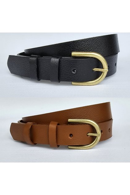 100% Genuine Leather Antique Coated Buckle Black-Tan 2-Piece Belt Set