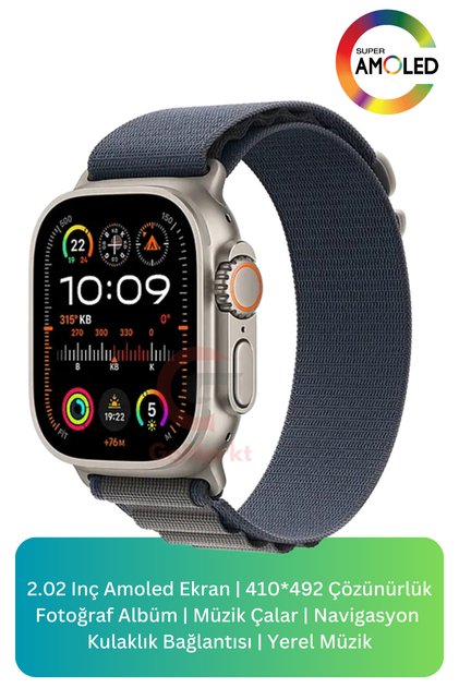 HK10 Ultra 3 49mm Akıllı Saat Gümüş Kasa Mavi Bez Kordon Ekstra Kordon Hediyeli