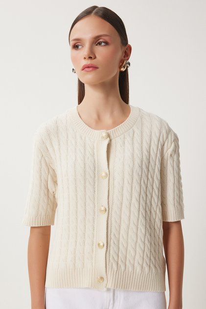 Women's Cream Crew Neck Hair Braided Knitwear Cardigan Us00946