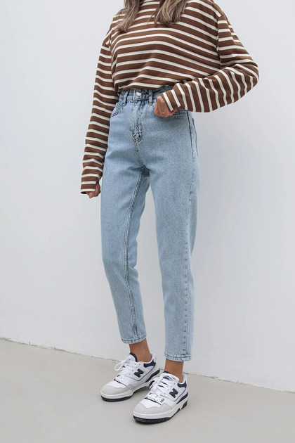 Bt12450998 Women's High Waist Blue Snow Wash Stretch Fabric Mom Jean Pants