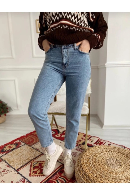 Bt19585833 Women's Blue Snow Wash High Waist Stretch Fabric Mom Jeans Denim Pants