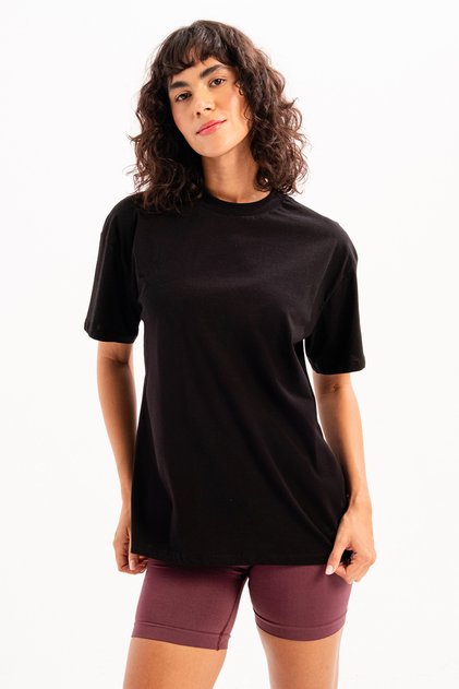 Tricou de damă negru, 100% bumbac, croială oversize, guler rotund - Halo