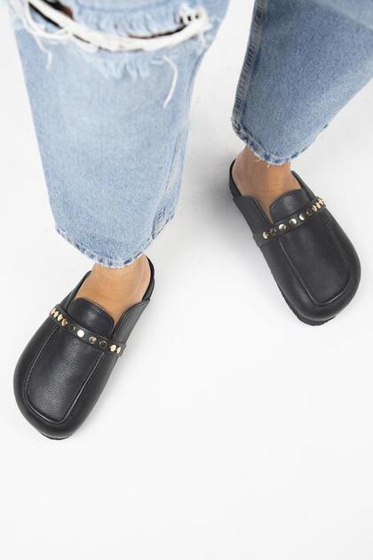 Bonita 2 Women's Genuine Leather Trock Sabo Black Slippers