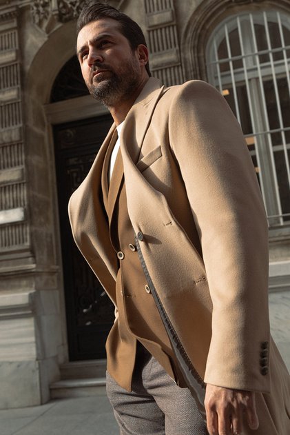 Straight Slim Fit Wide Collar Wool Men's Coat Beige - 21210.20K