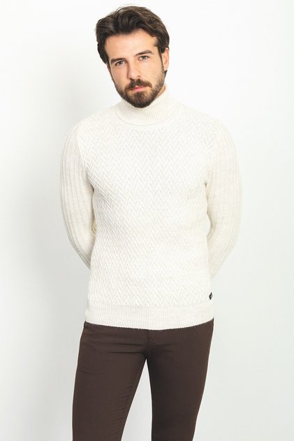 Patterned Slim Fit Full Turtleneck Wool Men's Sweater Light Beige - 11398.22K