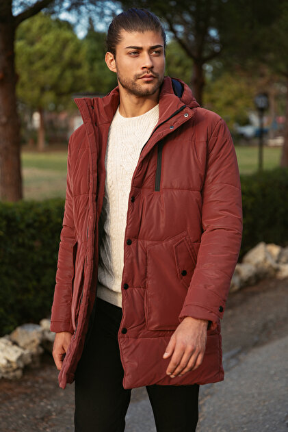 Mcr Düz Slim Fit Fermuar Detaylı Kapüşonlu Erkek Kaban Kiremit