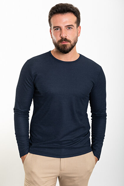 Mcr Düz Slim Fit Bisiklet Yaka Uzun Kollu Erkek T-Shirt Lacivert