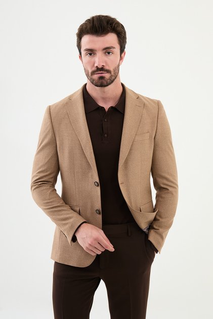 Desenli Slim Fit Mono Yaka Klasik Yün Erkek Ceket Bej - 40394.24K