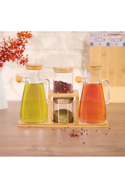 4-Piece Oil and Spice Pot with Stand - 2 Spice Pot - Set of 2 Oil Pot
